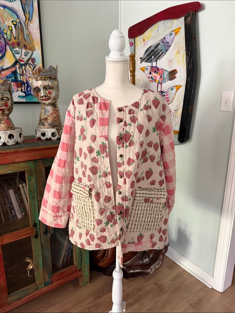 Magnolia Pearl Women's Pink Strawberry Print Quilted Jacket